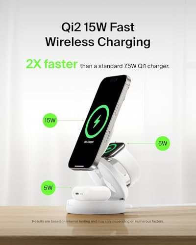 Belkin Qi2 15W Wireless Fast Charging Station, 3 in 1 iPhone Charger | Fast Charging, MagSafe Compatible, iPhone 17/16/15, Apple Watch, AirPods, Travel Charger, Magnetic - color: White, style: 3 in 1