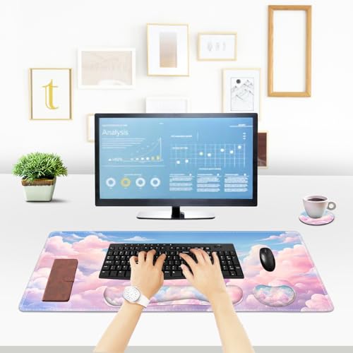 ToLuLu Large Mouse Pad Desk Pad, Wrist Rest Desk Mat for Keyboard and Mouse | 4PCS 35.4”x15.7" XXL Giant Mouse Pad Set, Non-Slip Base Stitched Edges Support Mousepad for Home Office, Dreamy Clouds - color: Dreamy Clouds