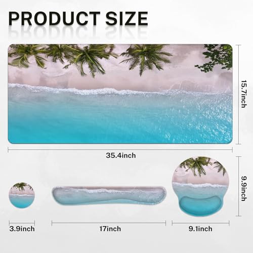 Britimes Blue Turquoise Ocean Keyboard Mouse Pad Set Beach Summer 4in1 Large Mousepad+Keyboard Wrist Rest+Mouse Wrist Rest+Coaster Ergonomic Design for Home Office Computer 35.4x15.7 inches - color: Blue Turquoise Ocean