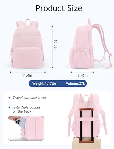Uselike Travel Backpack for Women, 15.6 Inch Laptop Backpack, Quilted College Bookbag, Cute Work Backpacks, Water Resistant (Light Pink) - color: Light Pink