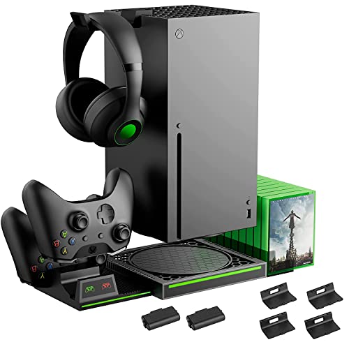 Vertical Stand Compatible with Xbox Series X Console, Dual Charging Station with 2 Rechargeable Battery for Xbox Series X Controller, with 10 Game Card Slot and Headphones Holder & 4 Cover…
