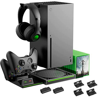 Vertical Stand Compatible with Xbox Series X Console, Dual Charging Station with 2 Rechargeable Battery for Xbox Series X Controller, with 10 Game Card Slot and Headphones Holder & 4 Cover…