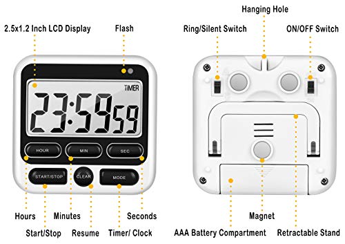 4-in-1 Digital Timer with Count Up/Down, Clock & Alarm, Ring & Silent Modes | Large 2.8-Inch easy-read LCD, On/Off switch, 24-Hour count up/down, Fast-forward function, Magnetic back, stand, hanging hole - color: Black