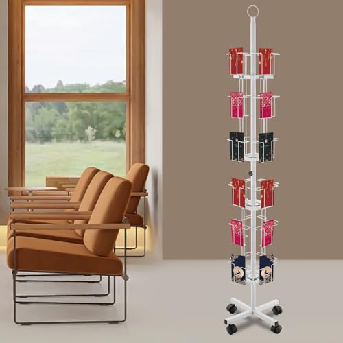 Rotating Greeting Card Rack, 6 Tiers 24 Greeting Card Display Stand Cold Rolled Steel Pocket Rotating Holder Portable Postcard Holder w/4 Universal Wheels for Classrooms Offices Libraries