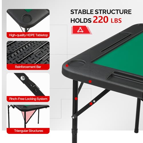 PEXMOR 34" Foldable Mahjong Table Portable, 4 Player Card Game Table w/Cup Holders & Chip Grooves, Tabletop Foldable, Poker Board Game Domino Table for Blackjack, Texas Hold'em (Black) - color: Black