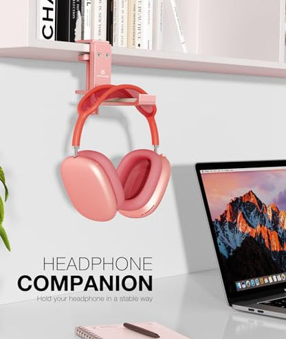 Foldable Headphone Stand and Hook – Aluminum Headset Holder Clamp Mount Under Desk, Universal Fit for Gaming Headphones, Space-Saving Hanger Organizer - color: Pink