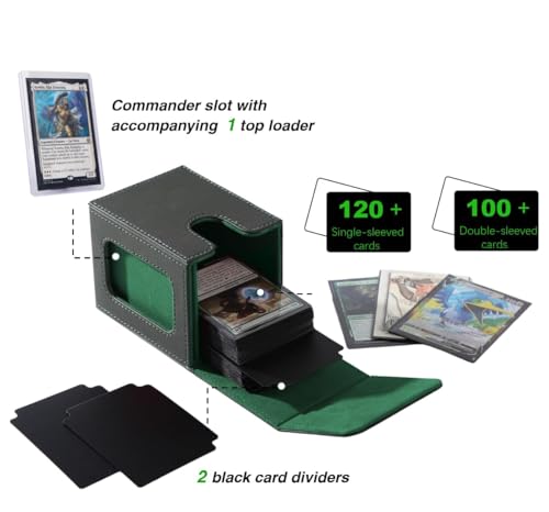 Venssu MTG Deck Box for Commander Display,Card Deck Box Fits 100 Double Sleeved Cards,TCG with 2 Dividers and 1 Toploader (Black＆Green) - color: Black＆Green