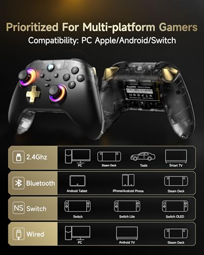 EasySMX D05 Wireless PC Controller with Charging Dock,Black | Hall Joystick, RGB, 1000Hz Polling Rate, Custom Back Buttons,2.4G&Bluetooth & Wired,for PC, Android, Switch and iOS. - color: black gold