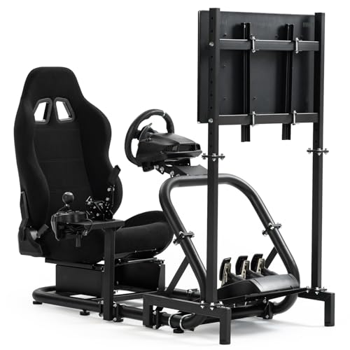 Supllueer Racing Sim Cockpit with Ergonomic Seat and Single Monitor Stand | 50mm Large Round Tube Simulator Stand Fit for Logitech/Fanatec/Thrustmaster G27 G923 G920 , No Steering Wheel Shift Pedal TV