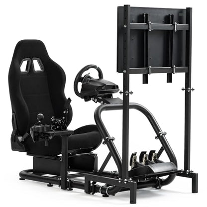 Supllueer Racing Sim Cockpit with Ergonomic Seat and Single Monitor Stand | 50mm Large Round Tube Simulator Stand Fit for Logitech/Fanatec/Thrustmaster G27 G923 G920 , No Steering Wheel Shift Pedal TV