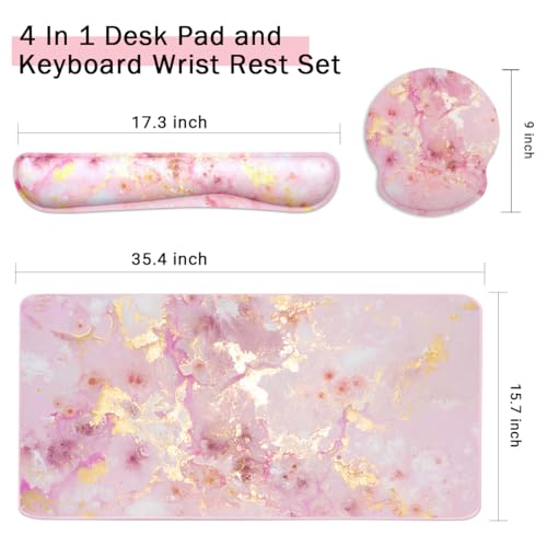 4-in-1 Gaming Mouse Pad Wrist Support Set，Desk Pad + Mouse Pad with Wrist Rest + Keyboard Wrist Rest + Coaster, Ergonomic Design for Home Office Study Game - Pink - color: 4 Pcs Pink