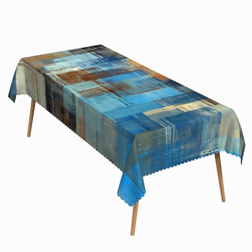 52x70 Inch Modern Abstract Art Tablecloth Washable Rectangle Cover | Blue Brown Tan Oil Painting Table Cloth Reusable Durable Polyester Table Cover for Kitchen Dining Room Art Party Home Decor - color: Zjy00414-g, size: 70" x 52" (Rectangular)