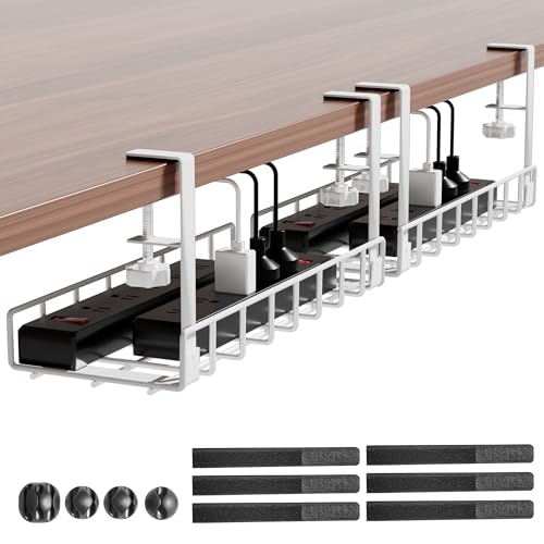 Under Desk Cable Management Tray 2 Pack, Xpatee Upgraded Wire Management No Drill No Screws, Cable Tray with Clamp for Wire Organizers, Computer Cord Rack for Office, Home - No Damage to Desk White - color: White