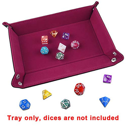 SIQUK Double Sided Dice Tray Folding Rectangle PU Leather and Dark Rose Red Velvet Dice Holder - color: Dark Rose Red