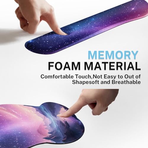 Arttown Keyboard Mouse Pad Set, 4 in 1 Desk Mat Set Galaxy Nebula | Night Sky Mountains Large Mousepad+Keyboard Wrist Rest+Mouse Wrist Rest+Coaster Ergonomic Design for Home Office Computer - color: Purple Starry Sky