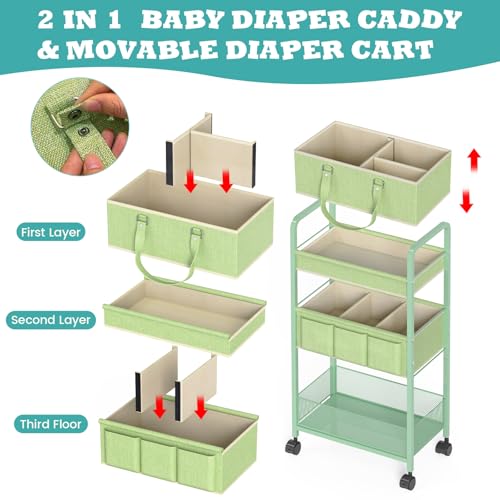 2in1 Baby Diaper Caddy Organizer Cart, 3-Tier Rolling Cart, Metal Diaper Caddy Carts, Bedside Carts for Nursery Essentials Storage, Detachable Dividers, Large Capacity, Green - color: Green