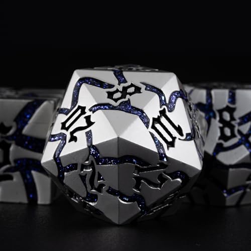 Cracked Rune Metal Dice Set for DND & RPG – Dark Fantasy Fractured Design, Premium Heavy Metal Polyhedral Dice with Deep Engraved Numbers, 7-Piece Set – Purple Arcane Vein - color: Pearl Silver Purple