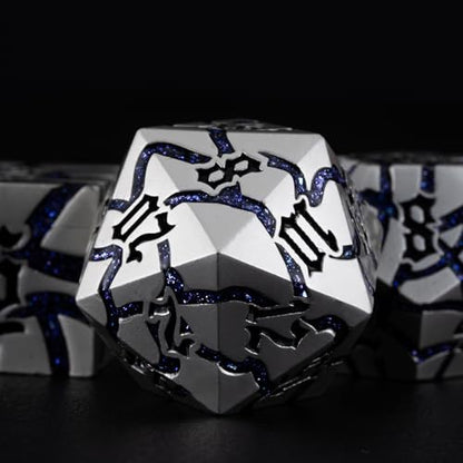 Cracked Rune Metal Dice Set for DND & RPG – Dark Fantasy Fractured Design, Premium Heavy Metal Polyhedral Dice with Deep Engraved Numbers, 7-Piece Set – Purple Arcane Vein - color: Pearl Silver Purple