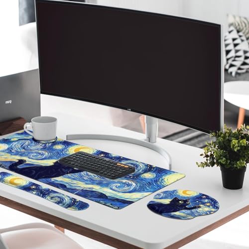 Britimes Cat Blue Moonlight Keyboard Mouse Pad Set Oil Painting Abstract 4in1 Large Mousepad+Keyboard Wrist Rest+Mouse Wrist Rest+Coaster Ergonomic Design for Home Office Computer 35.4x15.7 inches - color: Cat Blue Moonlight