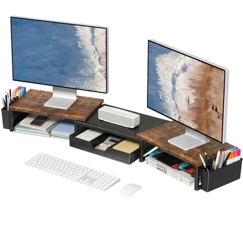 OPNICE Desk Organizers and Accessories, Dual Monitor Stand Riser with Drawer and 2 Pen Holders, Desk Shelf Computer Racks for Office Workspace Organizers, Desktop Organization (Rustic Brown) - color: Rustic Brown
