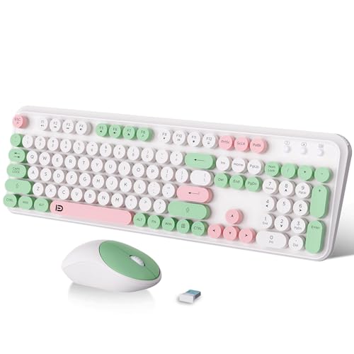 2.4GHz Wireless Keyboard and Mouse Set with Switch Button - Full-Size Keyboard - Compatible for Windows/Laptop/PC/Notebook/Smart TV and More - White Green - color: EK8870 White Colorful