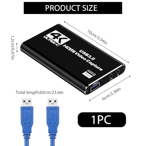 4K HDMI Video Capture Card for Streaming, 1080P 60FPS USB 3.0 Game Capture Device with Audio, Zero-Lag Capturadora De Video for Nintendo Switch PS5 Xbox PC OBS Live Recording