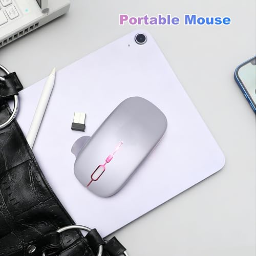 Wireless Bluetooth Mouse, Rechargeable Computer Mouse, Silver | Dual Mode - BT5.2 & 2.4G,Long Lasting,Silent RGB LED Mice,Slim Portable Mouse for Laptop,PC,Tablet,MacBook,iPad,Apple Devices - color: Silver