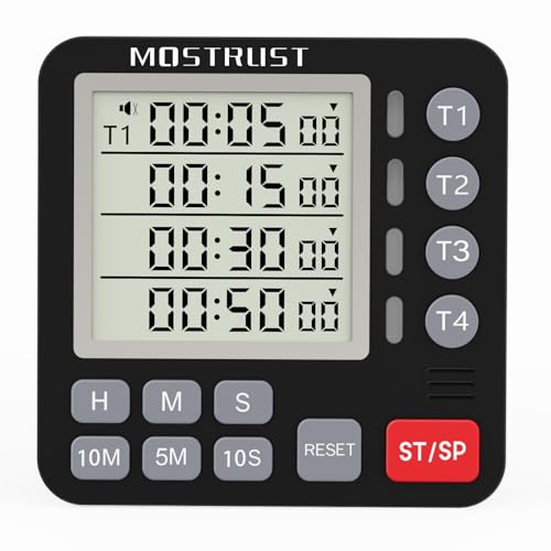 Digital Dual Kitchen Timer, 4 Channels Independent Countdown Timer, Large Display, On/Off, Loud Volume Alarm and Flashing Light with Magnetic Back, Stand, Battery Included (Black) - color: Black
