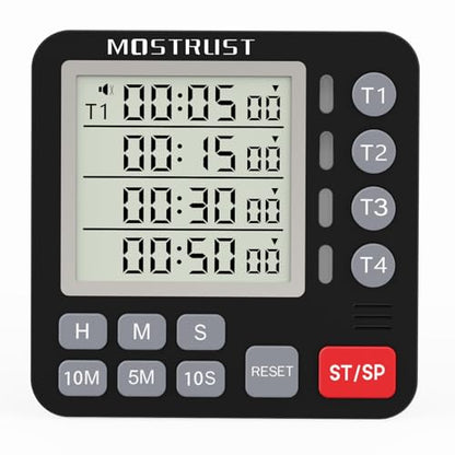 Digital Dual Kitchen Timer, 4 Channels Independent Countdown Timer, Large Display, On/Off, Loud Volume Alarm and Flashing Light with Magnetic Back, Stand, Battery Included (Black) - color: Black