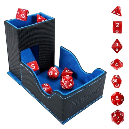 D&D Dice Tower & DND Dice Tray, Foldable Portable Dice Rolling Tower with Tray and Storage, DND Dice Accessory for Dungeons and Dragons, PU Leather Dice Box with 7 Dice, Black/Blue - color: Blue