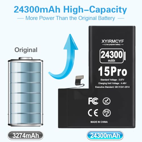 XYIRMCYF 24300mAh Super Capacity Battery Compatible with iPhone 15 Pro, New 0 Cycle-Li-Polymer Replacement Battery for iPhone 15 Pro, with Professional Repair Tool Kit - color: 15Pro-24300