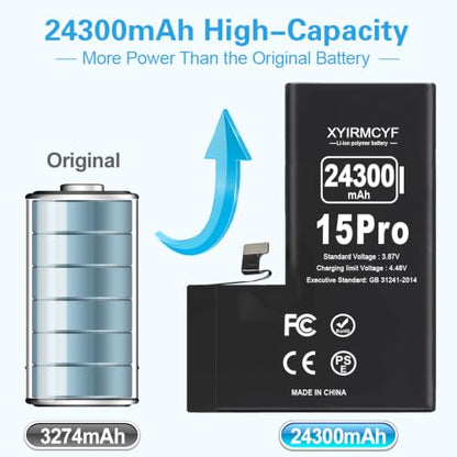 XYIRMCYF 24300mAh Super Capacity Battery Compatible with iPhone 15 Pro, New 0 Cycle-Li-Polymer Replacement Battery for iPhone 15 Pro, with Professional Repair Tool Kit - color: 15Pro-24300