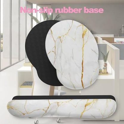 White Gold Flowing Marble Mouse Pad with Wrist Rest and Keyboard Wrist Rest Set, Non-Slip Rubber Base Memory Foam Mouse Pad Set for Women, Office Desk Accessories, Gaming - color: White Gold Flowing Marble
