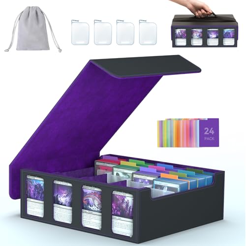 4-Row Trading Card Storage Box, Bulk Cards Case for 3200+ Mtg tcg Magic Playing Game Card Organizer, Commander Deck Box with 4 Supports & 24 Dividers & Strap - color: Purple, size: 4-row
