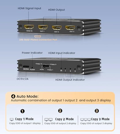 avedio Links HDMI 2.1 Splitter 8K@60Hz 1 in 3 Out 4K@120Hz, 1×3 HDMI Splitter for Multiple Monitors(Only Copy Input Screen), Hdmi Splitters for Gaming Support 48Gbps, HDCP 2.3, RGB 4:4:4