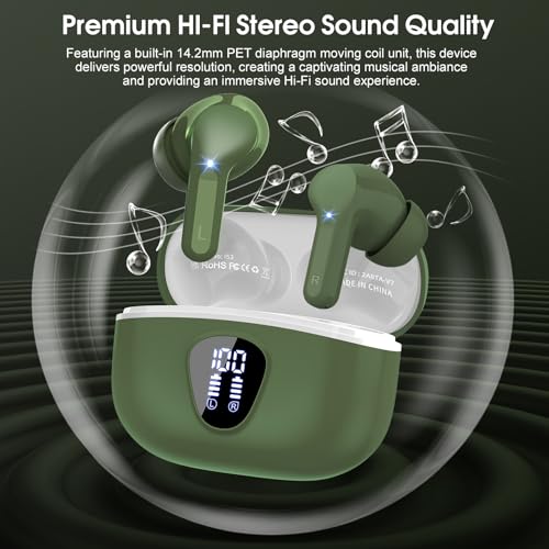 Wireless Earbuds, Bluetooth 5.4 Headphones HiFi Stereo, Bluetooth Earbuds with ENC Noise Cancelling Mic, IP7 Waterproof in Ear Earphones, 48H, LED Display Ear buds for Pad Workout Sports, Retro Green - color: Retro Green
