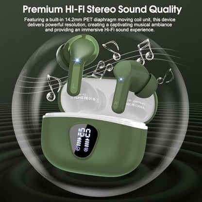 Wireless Earbuds, Bluetooth 5.4 Headphones HiFi Stereo, Bluetooth Earbuds with ENC Noise Cancelling Mic, IP7 Waterproof in Ear Earphones, 48H, LED Display Ear buds for Pad Workout Sports, Retro Green - color: Retro Green