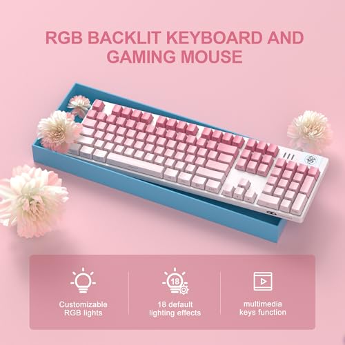 MageGee Mechanical Gaming Keyboard, Wired USB RGB Backlit Keyboard, 104-Key 100% Anti-Ghosting Mechanical Keyboard with Red Switches, Side-Printed Keycaps for Windows PC & Mac - color: Rose powder red switch