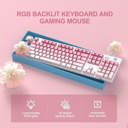 MageGee Mechanical Gaming Keyboard, Wired USB RGB Backlit Keyboard, 104-Key 100% Anti-Ghosting Mechanical Keyboard with Red Switches, Side-Printed Keycaps for Windows PC & Mac - color: Rose powder red switch