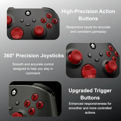 CRUAYA Wireless Gaming Controller Compatible with Xbox Series X|S, Xbox One and Windows PC with Rechargeable 1400mAh Battery Display, Bluetooth Gaming Controller, USB-C, 3.5mm Audio Jack, Black and Red Design