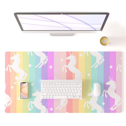 Unicorn Desk Pad Leather Desk Mat for Girls Women Cute Desk Accessories Kawaii Office Decor, Colorful Star Waterproof Large Mouse Pad Kids Desk Organizer Non-Slip Desk Blotter Big Rainbow Writing Mat | Girls Women Cute Desk Mat, Rainbow Desk Accessories K