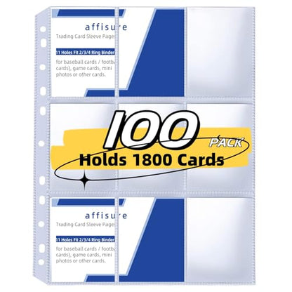 9 Pocket Card Sleeves, Holds 1800 Cards, Trading Card Binder Sleeves, 3 Ring 9 Pocket Pages for Sports Cards, Coupons Cards, 100 Pack, Game - size: 100PACK