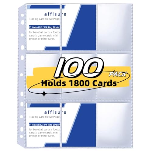 9 Pocket Card Sleeves, Holds 1800 Cards, Trading Card Binder Sleeves, 3 Ring 9 Pocket Pages for Sports Cards, Coupons Cards, 100 Pack, Game - size: 100PACK