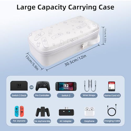 FIWWAT Carrying Case for Nintendo Switch 2 2025, 12 Game Card Slots, Large Capacity Hard Travel Protective Case for Switch 2 Console Accessories Pro Controller, Dock, White - color: White