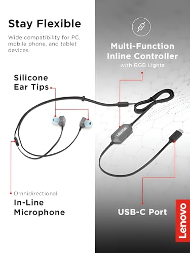 Lenovo Legion RGB Gaming in-Ear Headphones with USB-C E510-7.1 Surround Sound, Hi-Res Audio, in-Line Controller with RGB Lights - Compatible with PC, Tablet, Phone