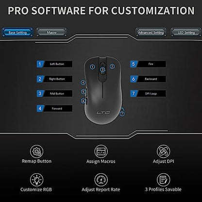 LTC GM-031 Wired Gaming Mouse, 7200 DPI Adjustable, 6 Programmable Macro Buttons, 4 RGB Backlit Mode, Ergonomic Shape, Software Support for Customization, Black