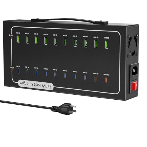 770W USB Charging Station with 20 Ports for Multiple Devices, 10 USB A+10 USB C, Charger Block,Smart Power Delivery & Multi Protection Compatible with iPhone/iPad/Tablets/Smartphones & More - color: Black(770W)