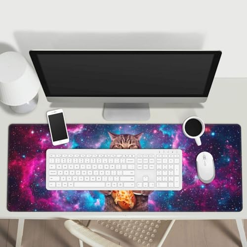 Funny Space Cat Large Mouse Pad, XL Extended Gaming Mousepad (31.5 x 11.8 in), Non-Slip Rubber Base Desk Mat with Stitched Edges for Office & Gaming, Pizza & Coffee Design - color: 22