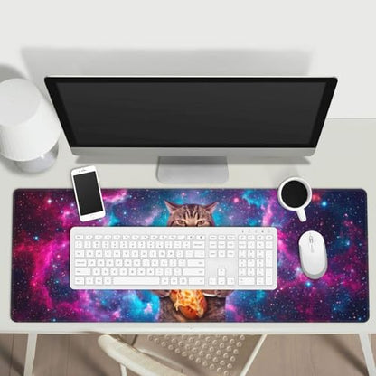 Funny Space Cat Large Mouse Pad, XL Extended Gaming Mousepad (31.5 x 11.8 in), Non-Slip Rubber Base Desk Mat with Stitched Edges for Office & Gaming, Pizza & Coffee Design - color: 22