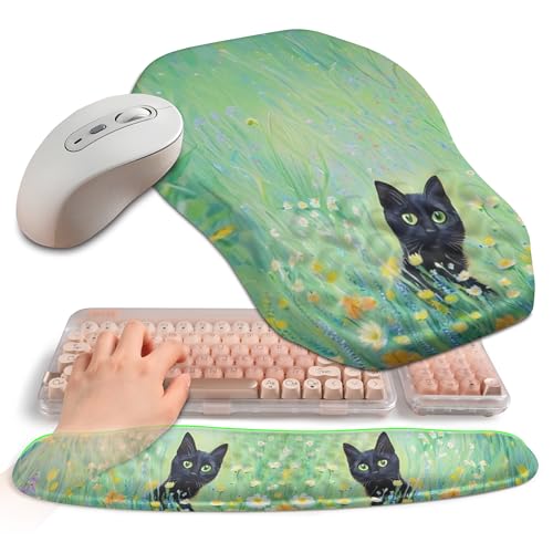 2-in-1 Ergonomic Set, Wave Keyboard Wrist Rest and Massage Slope Mouse Pad Wrist Support, Rebound Memory Foam for Relieve Carpal Tunnel Syndrome and Wrist Pain (Oil Painting Cats) - color: Oil Painting Cats